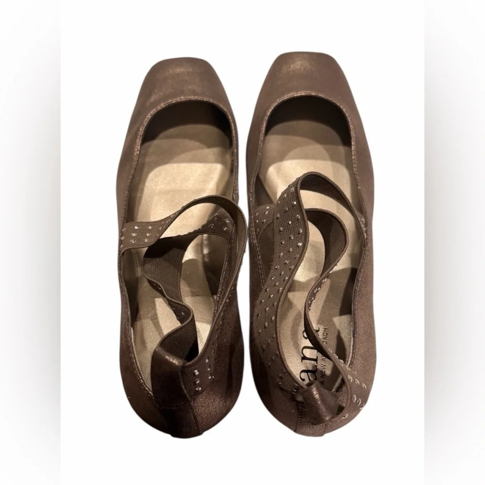 A N A Mercy 2 Balletcore Taupe Metallic Flats Elastic Criss-Cross Ankle Strap
